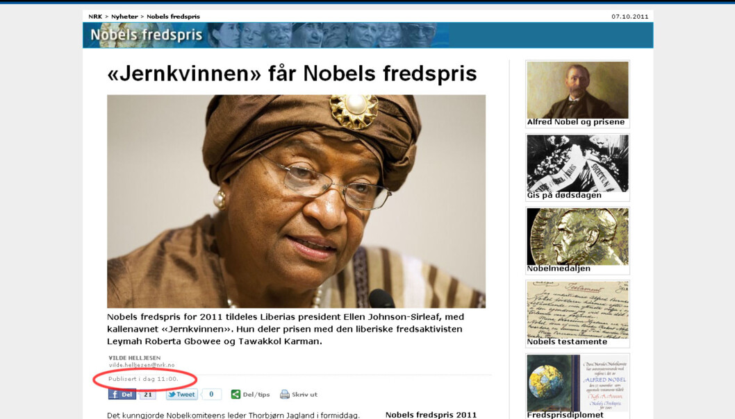 NRK var raskt ute med navnene på prisvinnerne. Faksimile fra nrk.no. NRK var raskt ute med navnene på prisvinnerne. Faksimile fra nrk.no.