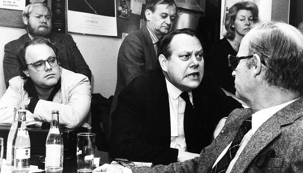 GULLALDER: Tidligere sjefredaktør Arve Solstad i Dagbladet er en stabbestein i Dagbladets historie, mener Gudleiv Forr. Her sammen med John Olav Egeland, Einar Hanseid og Hans Andreas Ihlebæk. Året er 1986 da whisky var den foretrukne drikk, ifølge Forr. Foto: Stein Aabø GULLALDER: Tidligere sjefredaktør Arve Solstad i Dagbladet er en stabbestein i Dagbladets historie, mener Gudleiv Forr. Her sammen med John Olav Egeland, Einar Hanseid og Hans Andreas Ihlebæk. Året er 1986 da whisky var den foretrukne drikk, ifølge Forr. Foto: Stein Aabø