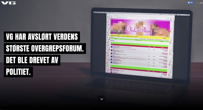 Toppbildet på nettutgaven av VGs store avsløring om overgrepsforumet «Childs Play». Faksimile: VG Toppbildet på nettutgaven av VGs store avsløring om overgrepsforumet «Childs Play». Faksimile: VG