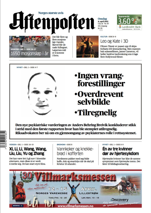 Aftenpostens forside 14.april 2012 - under rettssaken. Aftenpostens forside 14.april 2012 - under rettssaken.
