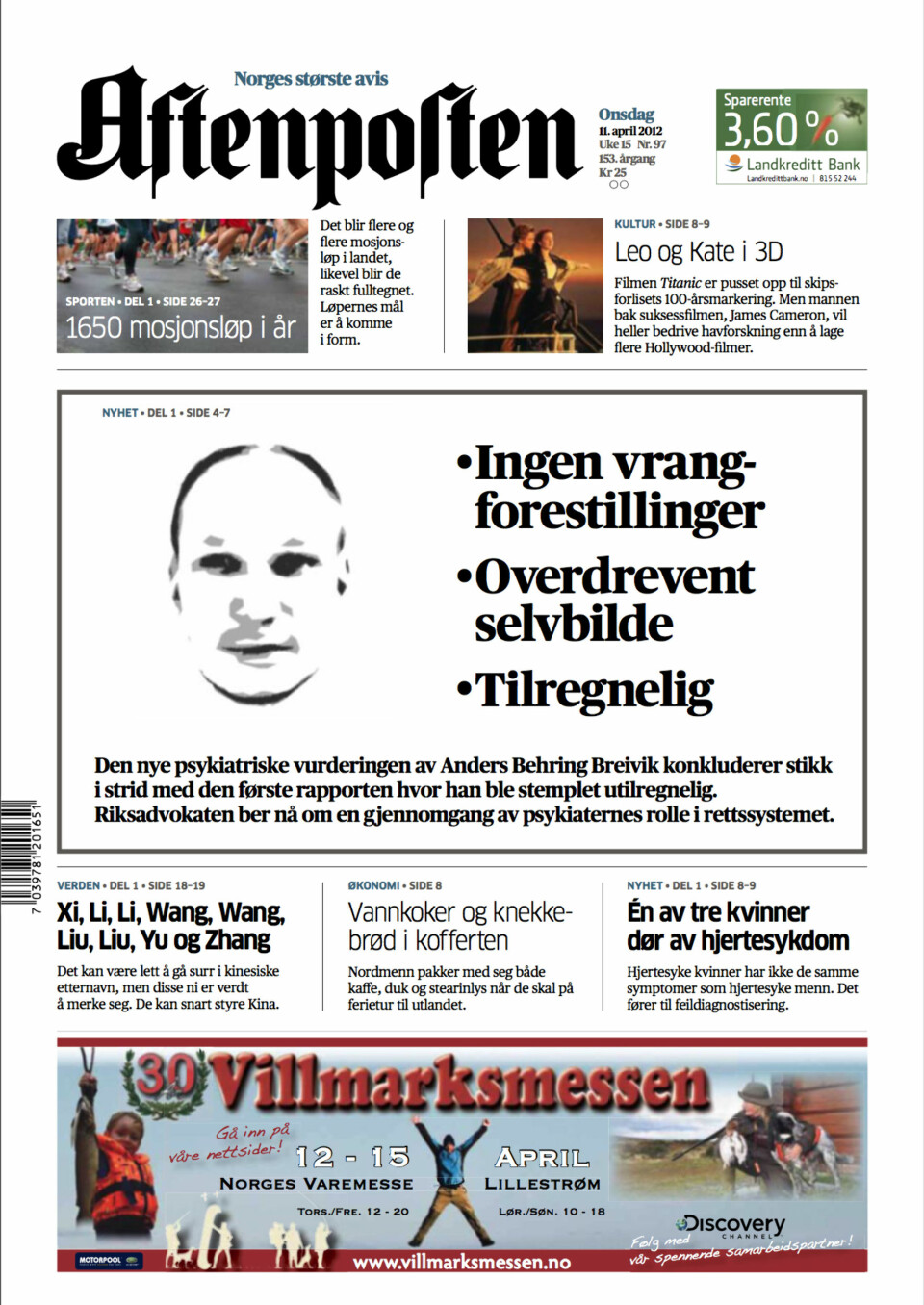 Aftenpostens forside 14.april 2012 - under rettssaken.