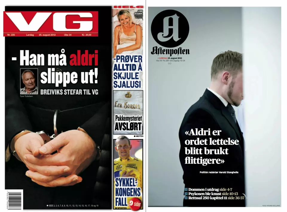 VG og Aftenpostens forsider 25.august 2012 - etter at dommen var falt.
