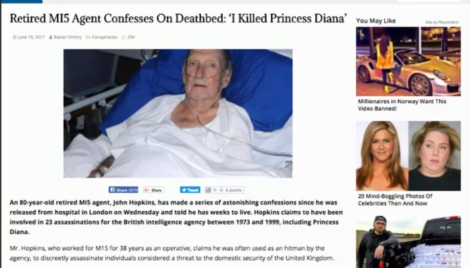 Pussig nok hadde samme skribent en nesten identisk avsløring 19. juni. Denne gangen var det en døende MI5-agent, som innrømmet å ha drept prinsesse Diana … Faksimile: YourNewsWire.com