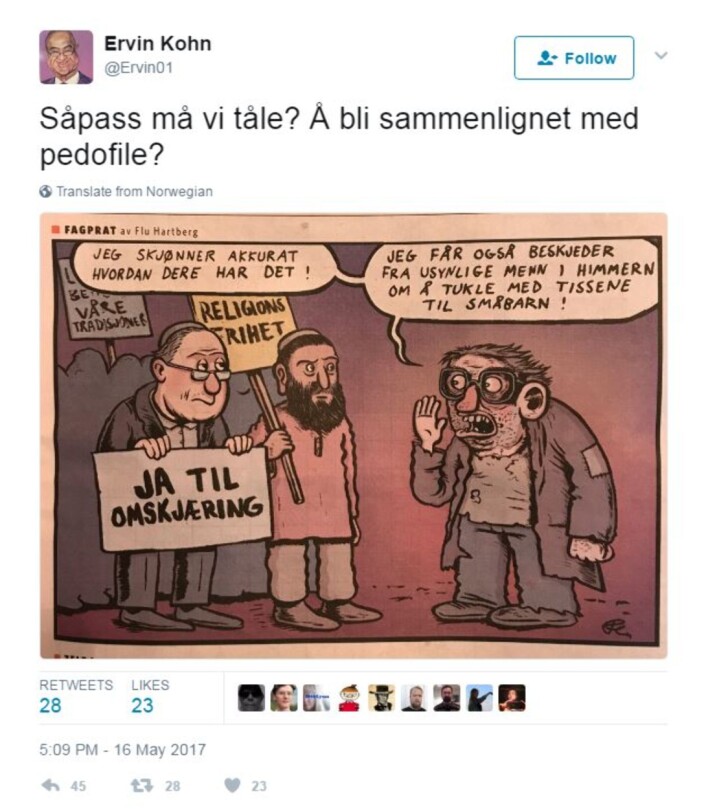 Ervin Kohn er leder av Det Mosaiske Trossamfund og delte tegningen på Twitter. Ervin Kohn er leder av Det Mosaiske Trossamfund og delte tegningen på Twitter.