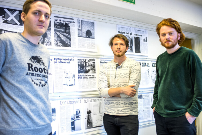 Redaktør Torgeir Mortensen, journalist Gard Oterholm og nyhetsredaktør Birk Tjeldflaat Helle i Universitas. Foto: Nicolay Woldsdal, Universitas. Redaktør Torgeir Mortensen, journalist Gard Oterholm og nyhetsredaktør Birk Tjeldflaat Helle i Universitas. Foto: Nicolay Woldsdal, Universitas.