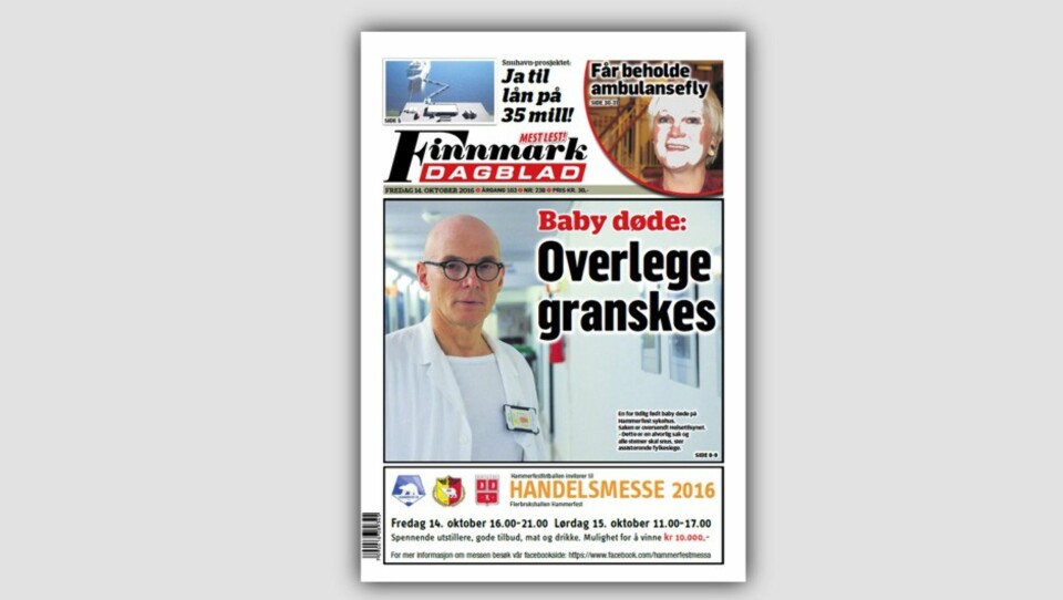 Forsiden til Finnmark Dagblad angående overlege Arnt R. Johannessen.