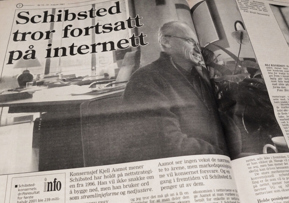 Schibsted og daværende konsernsjef Kjell Aamot mistet ikke troen på dette nettet på midten av 1990-tallet Schibsted og daværende konsernsjef Kjell Aamot mistet ikke troen på dette nettet på midten av 1990-tallet