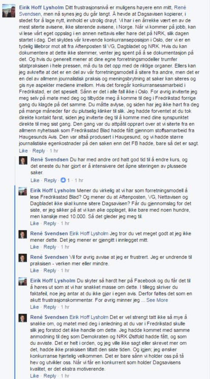 Skjermdump av Facebook-krangelen mellom redaktørene. Skjermdump av Facebook-krangelen mellom redaktørene.