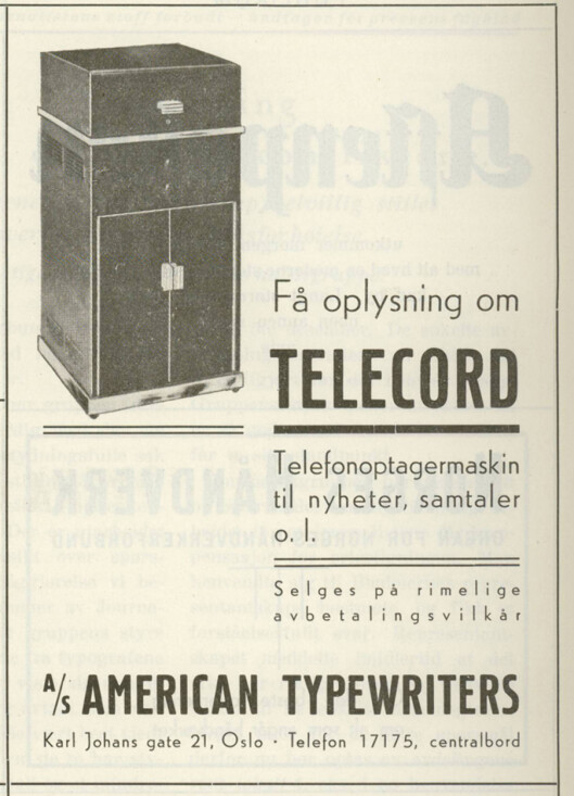 Annonse for en<br>“telefonoptagermaskin” fra 1937. Annonse for en<br>“telefonoptagermaskin” fra 1937.