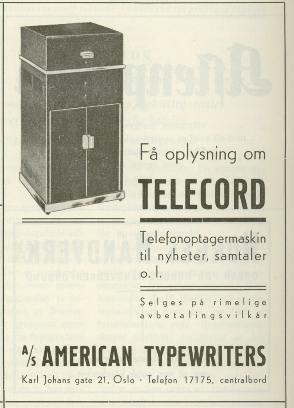 Annonse for en“telefonoptagermaskin” fra 1937.