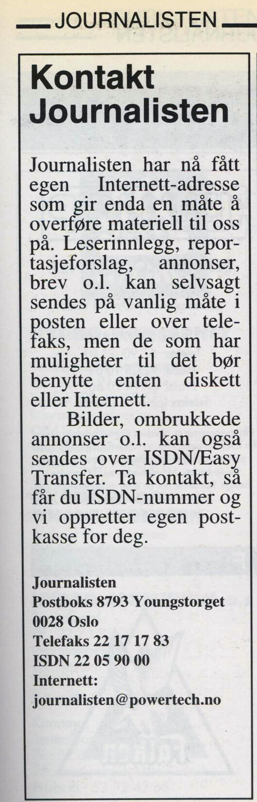 Det ønskes kontakt via ISDN i 1995. Det ønskes kontakt via ISDN i 1995.