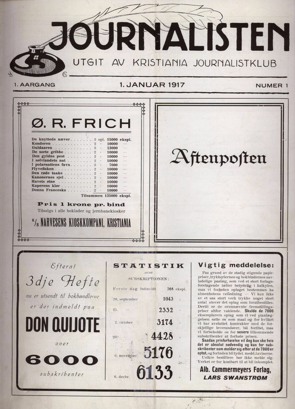 Fronten på Journalisten 1 1917 var annonsørenes arena.Den redaksjonelle forsiden måtte man bla om for å finne.
