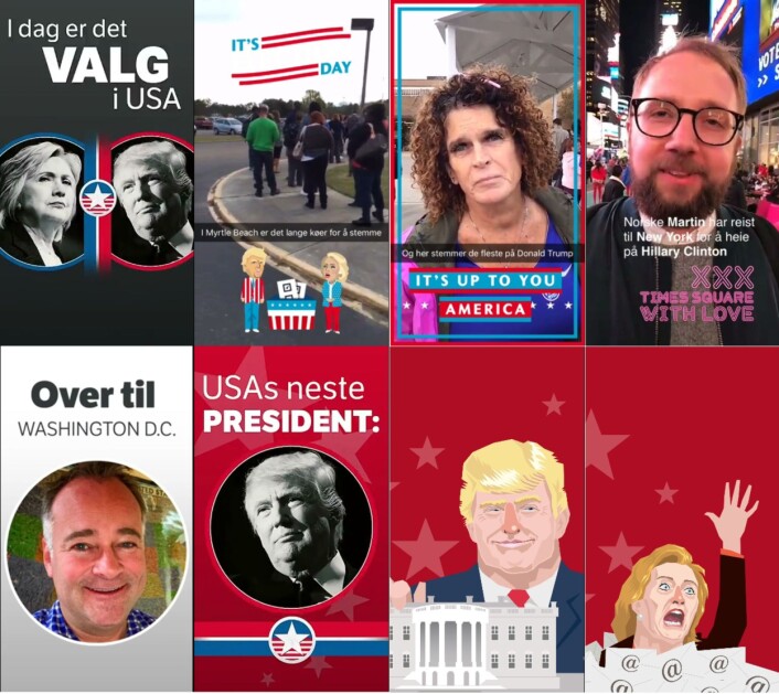 Skjermdumper fra Snap-kontoen “nrknyheter” på valgdagen. Disse er skjermdumpet fra forskjellige videosnutter. Skjermdumper fra Snap-kontoen “nrknyheter” på valgdagen. Disse er skjermdumpet fra forskjellige videosnutter.