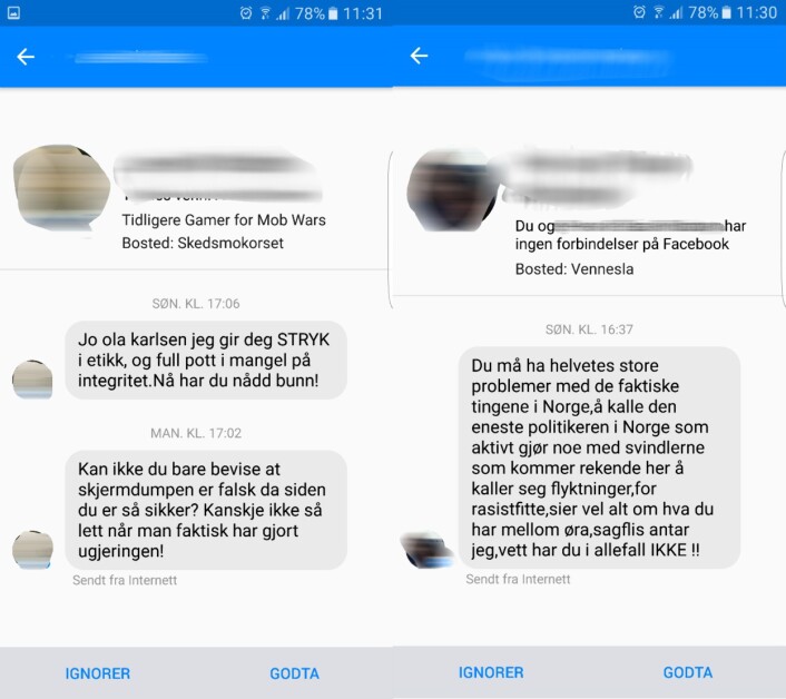 Noen av meldingene Ola Karlsen har fått på Facebook de siste dagene. Foto: Skjermdump Noen av meldingene Ola Karlsen har fått på Facebook de siste dagene. Foto: Skjermdump