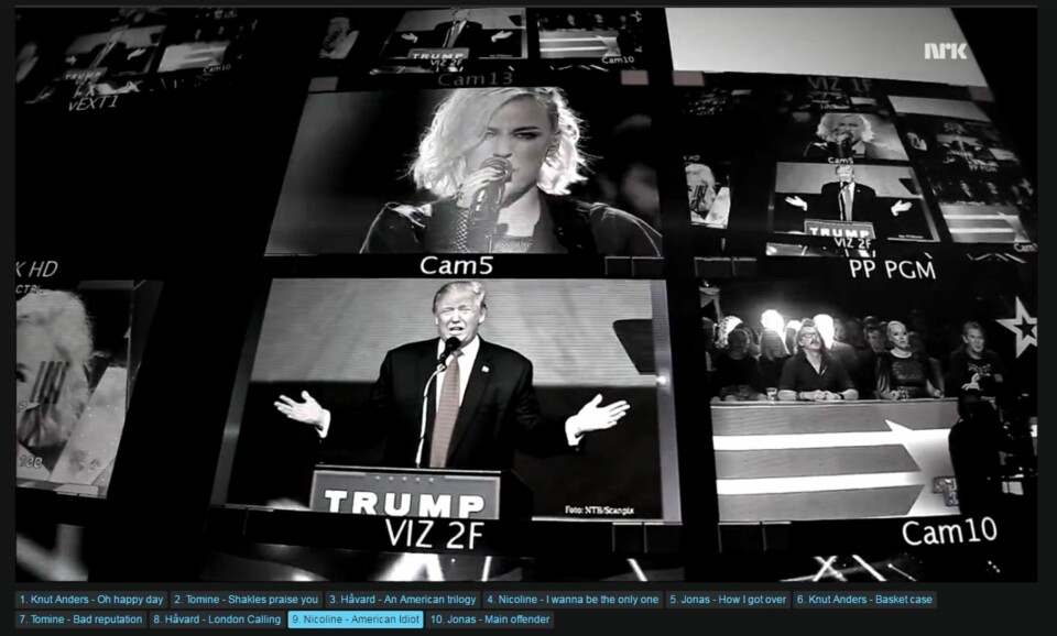 Donald Trump-bilder under fremførelsen av American Idiot på Stjernekamp. Skjermdump NRK.