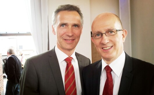 Statsminister Jens Stoltenberg og ANB-sjef Hallgeir Westrum da<br>nyhetsbyrået feiret sitt 100-årsjubileum i 2012. Foto: Bjørn Åge Mossin Statsminister Jens Stoltenberg og ANB-sjef Hallgeir Westrum da<br>nyhetsbyrået feiret sitt 100-årsjubileum i 2012. Foto: Bjørn Åge Mossin