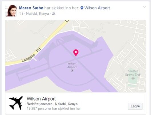 Maren Sæbø la ut denne Facebook-oppdateringen etter at hun<br>ankom flyplassen i Nairobi onsdag. Maren Sæbø la ut denne Facebook-oppdateringen etter at hun<br>ankom flyplassen i Nairobi onsdag.