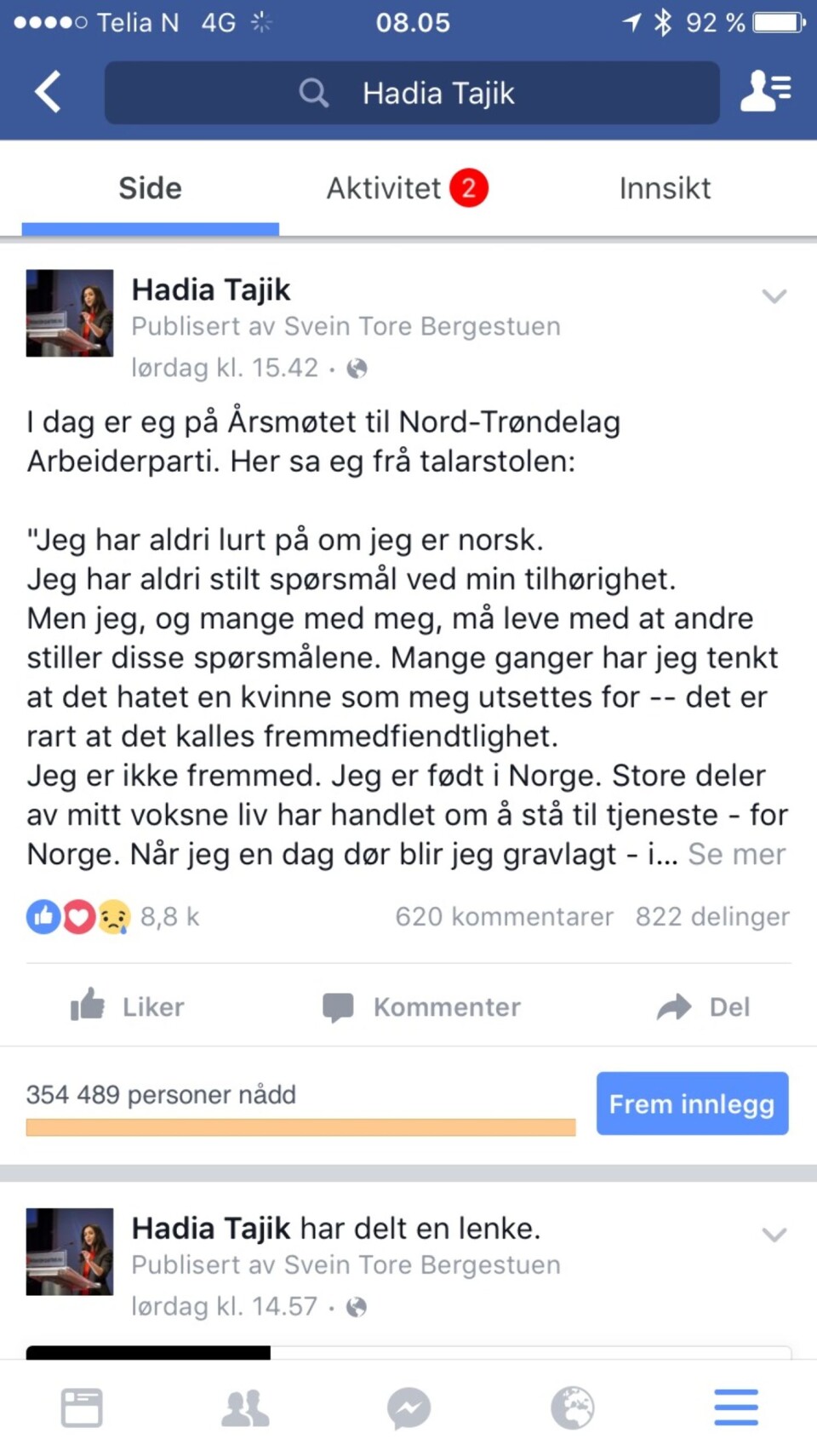 «354.489 personer nådd». «354.489 personer nådd».