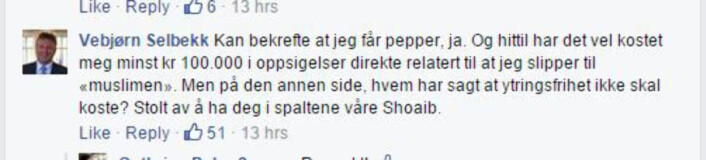 Selbekk kommenterer på Shoaib Sultans Facebook-side Selbekk kommenterer på Shoaib Sultans Facebook-side