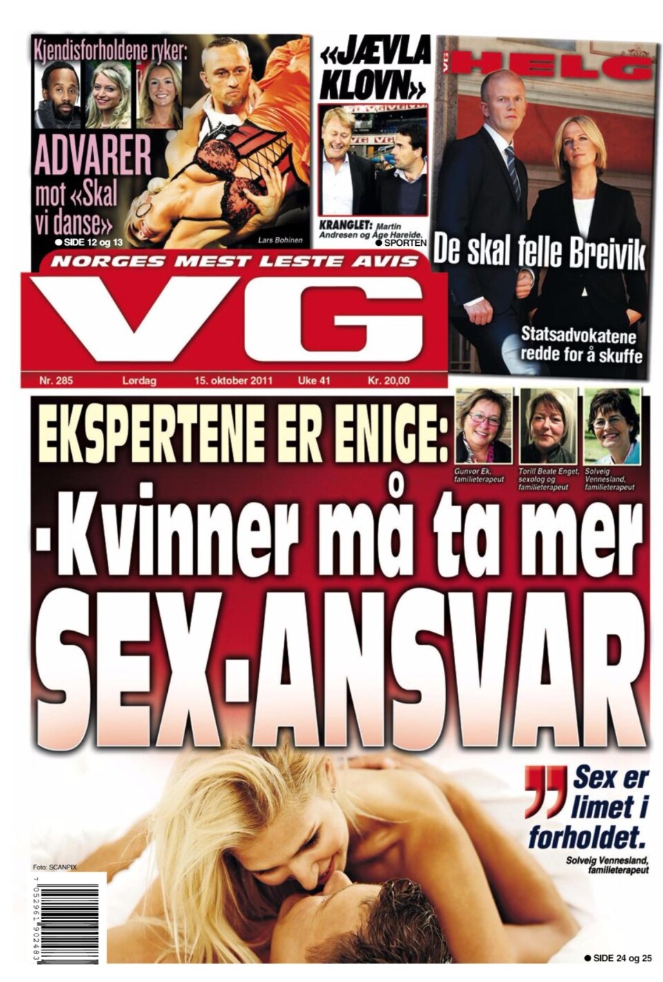 Faksimile av VGs førsteside 15. oktober 2011 Faksimile av VGs førsteside 15. oktober 2011