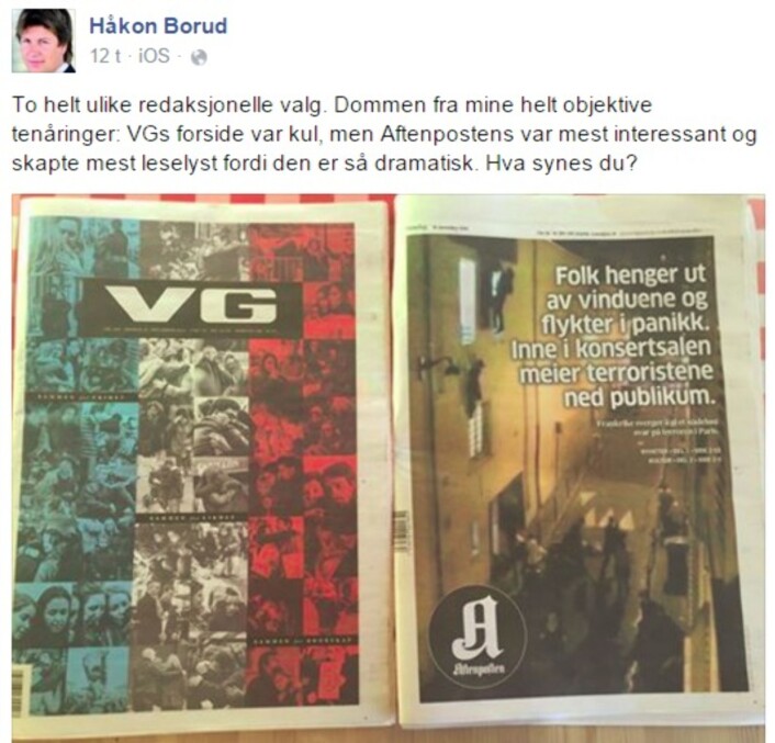 Aftenpostens nyhetsredaktør Håkon Borud etterlyste via Facebook tilbakemeldinger fra leserne på<br>egen forside og på den løsningen konkurrenten VG valgte søndag. Aftenpostens nyhetsredaktør Håkon Borud etterlyste via Facebook tilbakemeldinger fra leserne på<br>egen forside og på den løsningen konkurrenten VG valgte søndag.