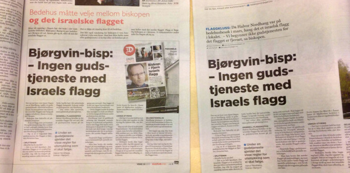 Originalsaken i Dagen til høyre, gjengivelsen hos konkurrenten Norge Idag til venstre.<br>Foto: Silje Rognsvåg, Dagen Originalsaken i Dagen til høyre, gjengivelsen hos konkurrenten Norge Idag til venstre.<br>Foto: Silje Rognsvåg, Dagen