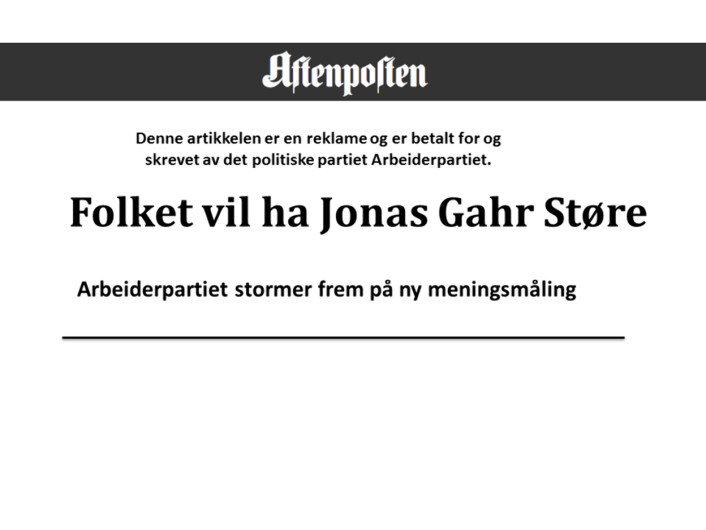 Eksempel fra eksperimentet: kamuflert politisk reklame, svært tydelig merket. Eksempel fra eksperimentet: kamuflert politisk reklame, svært tydelig merket.
