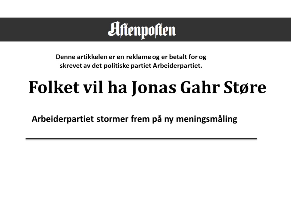 Eksempel fra eksperimentet: kamuflert politisk reklame, svært tydelig merket. Eksempel fra eksperimentet: kamuflert politisk reklame, svært tydelig merket.