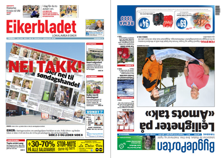 Faksimiler forsidene på Bygdposten og Eikerbladet.