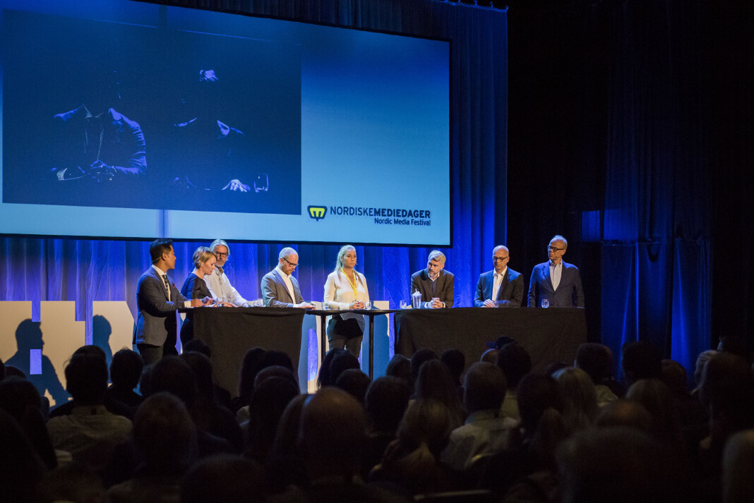 Discoverys Tine Austvoll Jensen (i midten) under Toppmøtet under Nordiske Mediedager 2018. Foto: Kristine Lindebø Discoverys Tine Austvoll Jensen (i midten) under Toppmøtet under Nordiske Mediedager 2018. Foto: Kristine Lindebø