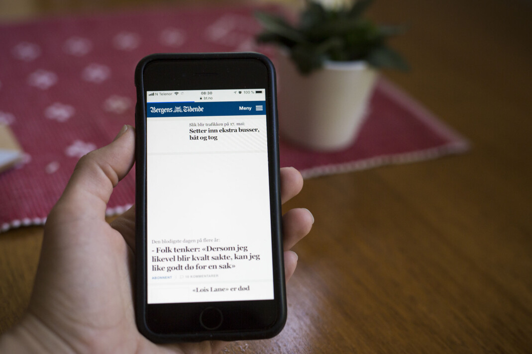 Slik så forsiden på bt.no sin mobilutgave ut klokken 8.30 tirsdags morgen. Foto: Kristine Lindebø Slik så forsiden på bt.no sin mobilutgave ut klokken 8.30 tirsdags morgen. Foto: Kristine Lindebø