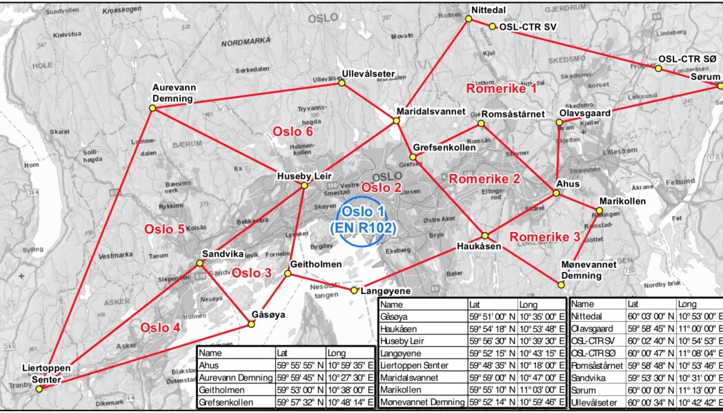 Dette er området med de åtte sonene som Luftfartstilsynet foreslår politiet skal ha mulighet til å nedlegge midlertidig forbud mot droneaktivitet i. Illustrasjon: Luftfartstilsynet Dette er området med de åtte sonene som Luftfartstilsynet foreslår politiet skal ha mulighet til å nedlegge midlertidig forbud mot droneaktivitet i. Illustrasjon: Luftfartstilsynet