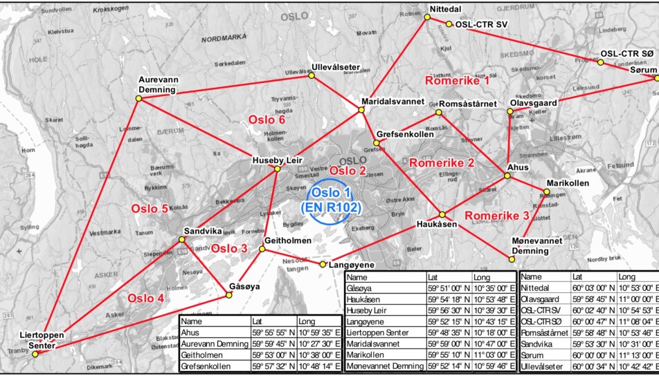 Dette er området med de åtte sonene som Luftfartstilsynet foreslår politiet skal ha mulighet til å nedlegge midlertidig forbud mot droneaktivitet i. Illustrasjon: Luftfartstilsynet Dette er området med de åtte sonene som Luftfartstilsynet foreslår politiet skal ha mulighet til å nedlegge midlertidig forbud mot droneaktivitet i. Illustrasjon: Luftfartstilsynet