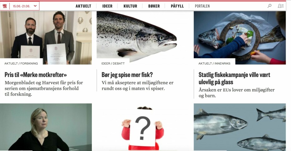 Her er noen av artiklene Sætre og Østli har skrevet. Serien ble hedret med pris for god forskningsjournalistikk utgitt av Vitenskapsakademiet i Stavanger Foto: skjermdump Morgenbladet.no.