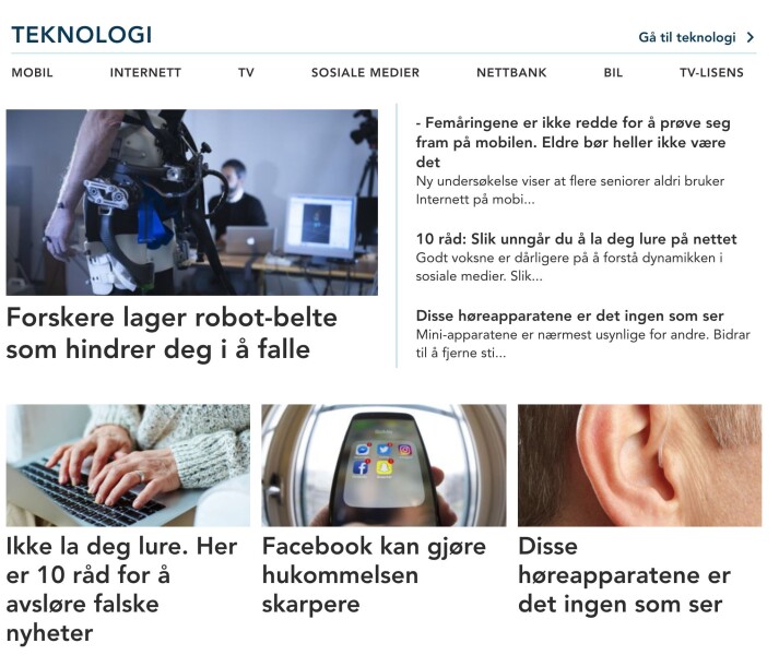 Teknologi er ett av temaene seniorer kan lese om på Vi. Skjermdump: Vi.no Teknologi er ett av temaene seniorer kan lese om på Vi. Skjermdump: Vi.no