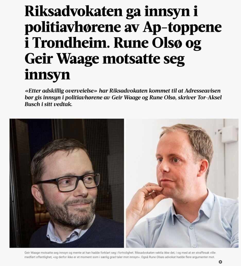 Skjermdump fra Adresseavisens sak om innsyn. Faksemile: Adressa.no Skjermdump fra Adresseavisens sak om innsyn. Faksemile: Adressa.no
