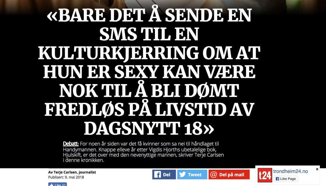 Kronikken på Trondheim24 som Terje Carlsen savner betaling for. Skjermdump: Trondheim24 Kronikken på Trondheim24 som Terje Carlsen savner betaling for. Skjermdump: Trondheim24