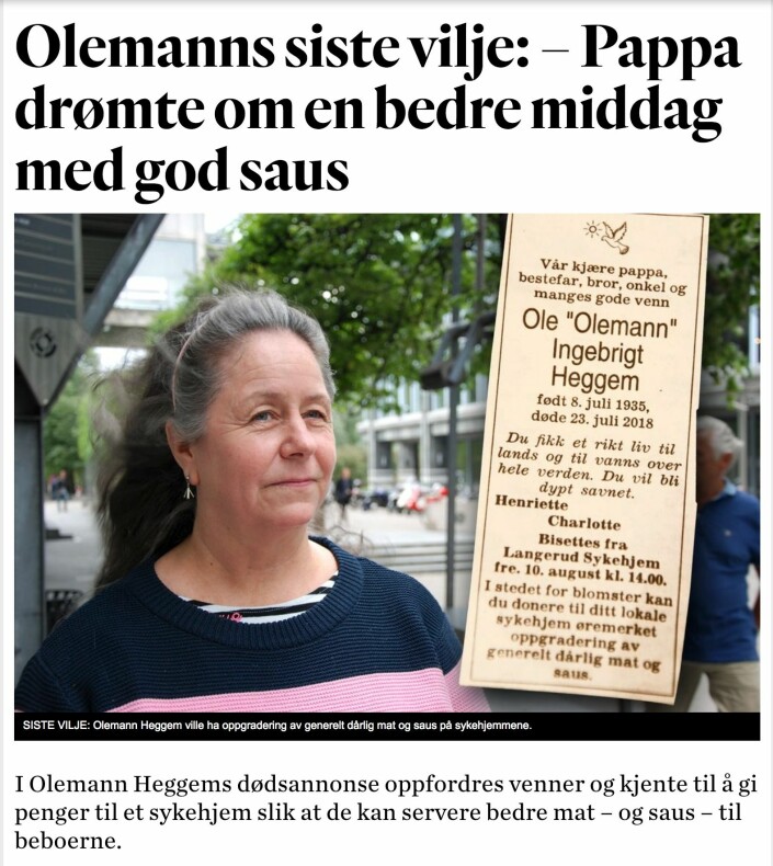 Karin E. Svendsen lagde denne saken ut fra dødsannonsen til Olemann Heggem. Foto: Skjermdump, Fagbladet.no