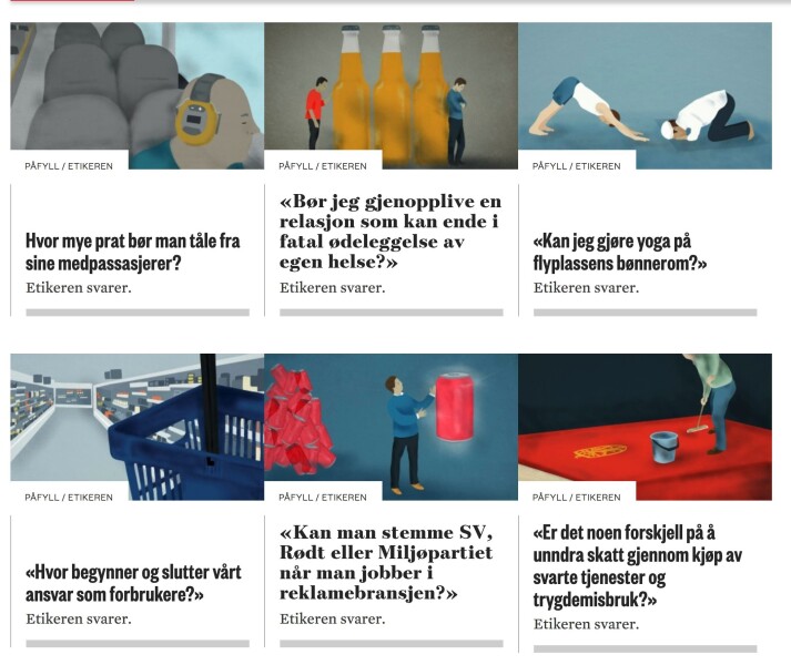 Noen av de siste dilemmaene fra Morgenbladets spalte Etikeren. Foto: Skjermdump, Morgenbladet.no Noen av de siste dilemmaene fra Morgenbladets spalte Etikeren. Foto: Skjermdump, Morgenbladet.no