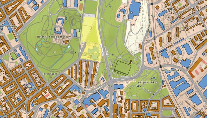 Det gule skraverte området er to tomter som kan være aktuelle på Tøyen, som helhet eller delvis. Oslo kommune eier begge. Foto: Norsk Polarinstitutt/ Kartverket/ Seeiendom.no Det gule skraverte området er to tomter som kan være aktuelle på Tøyen, som helhet eller delvis. Oslo kommune eier begge. Foto: Norsk Polarinstitutt/ Kartverket/ Seeiendom.no