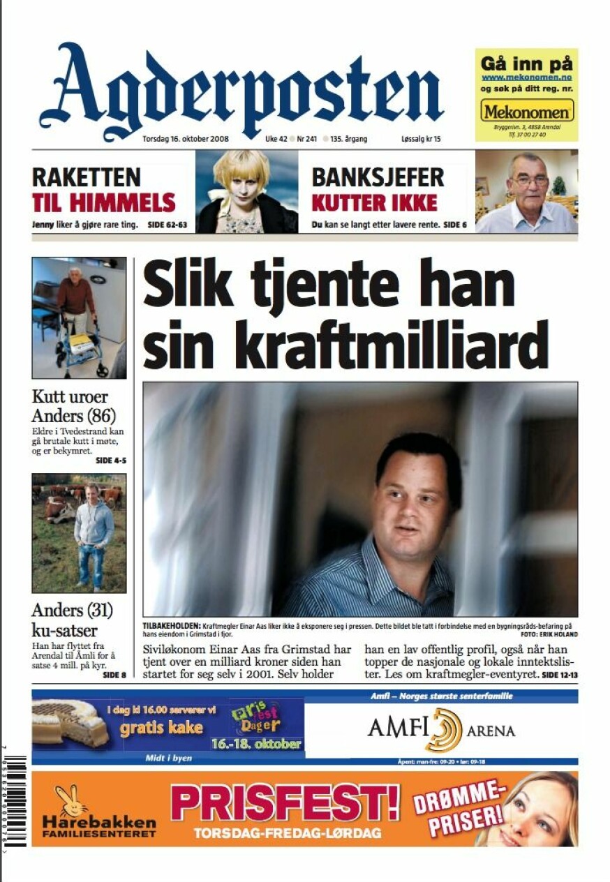 Faksimile Agderposten 16. oktober 2008. Agderposten ble frikjent i PFU for bildebruken av Einar Aas.