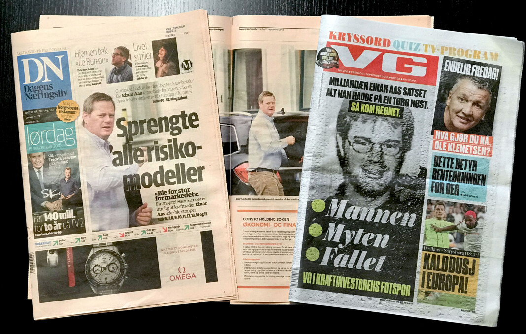 Slik bruker Dagens Næringsliv bilder av Einar Aas i lørdags- og onsdagsutgavene 15. og 19. september og VG fredag 21. september. Foto: Glenn Slydal Johansen Slik bruker Dagens Næringsliv bilder av Einar Aas i lørdags- og onsdagsutgavene 15. og 19. september og VG fredag 21. september. Foto: Glenn Slydal Johansen