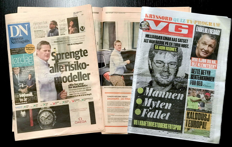 Slik bruker Dagens Næringsliv bilder av Einar Aas i lørdags- og onsdagsutgavene 15. og 19. september og VG fredag 21. september. Foto: Glenn Slydal Johansen Slik bruker Dagens Næringsliv bilder av Einar Aas i lørdags- og onsdagsutgavene 15. og 19. september og VG fredag 21. september. Foto: Glenn Slydal Johansen