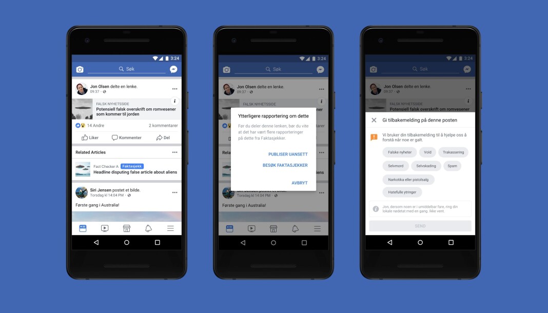 Slik vil faktasjekkverktøyet som Facebook nå lanserer i Norge se ut for brukerne. Skjermbilde: Facebook Slik vil faktasjekkverktøyet som Facebook nå lanserer i Norge se ut for brukerne. Skjermbilde: Facebook