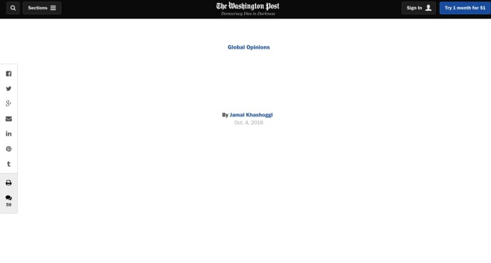 Washington Post i dag. En tom spalte signert Jamal Khashoggi. Washington Post i dag. En tom spalte signert Jamal Khashoggi.