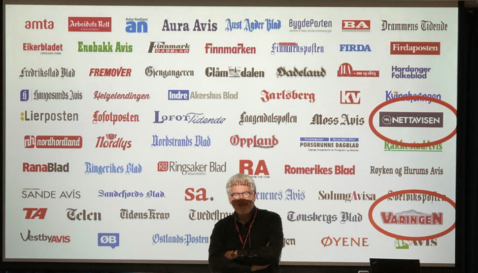 Stig Finslo med alle avisene til Amedia bak seg. Bildet er tatt fra en annen anledning og den gang presenterte han to nykommere i konsernet, Varingen og Nettavisen. Siden den gang har andre aviser kommet inn i konsernet, blant annet ni nye lokalaviser fra Nordsjø Media. Foto: Roger Aarli-Grøndalen Stig Finslo med alle avisene til Amedia bak seg. Bildet er tatt fra en annen anledning og den gang presenterte han to nykommere i konsernet, Varingen og Nettavisen. Siden den gang har andre aviser kommet inn i konsernet, blant annet ni nye lokalaviser fra Nordsjø Media. Foto: Roger Aarli-Grøndalen