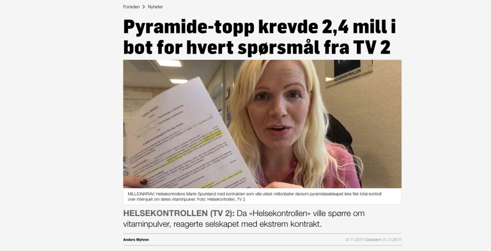 TV 2 klaget inn til PFU for å beskrive kosttilskuddsselskap som pyramide