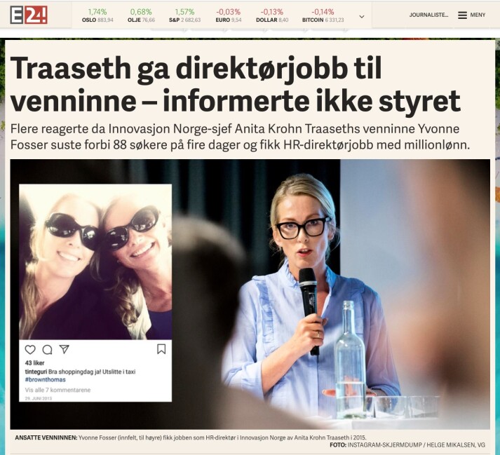 Skjermdump av E24s sak om en av ansettelsene i Innovasjon Norge. Foto: Skjermdump, E24 Skjermdump av E24s sak om en av ansettelsene i Innovasjon Norge. Foto: Skjermdump, E24