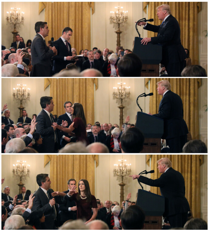 President Donald Trump var ikke blid da han fikk kritiske spørsmål fra CNNs reporter Jim Acosta. Foto: Reuters / NTB scanpix President Donald Trump var ikke blid da han fikk kritiske spørsmål fra CNNs reporter Jim Acosta. Foto: Reuters / NTB scanpix