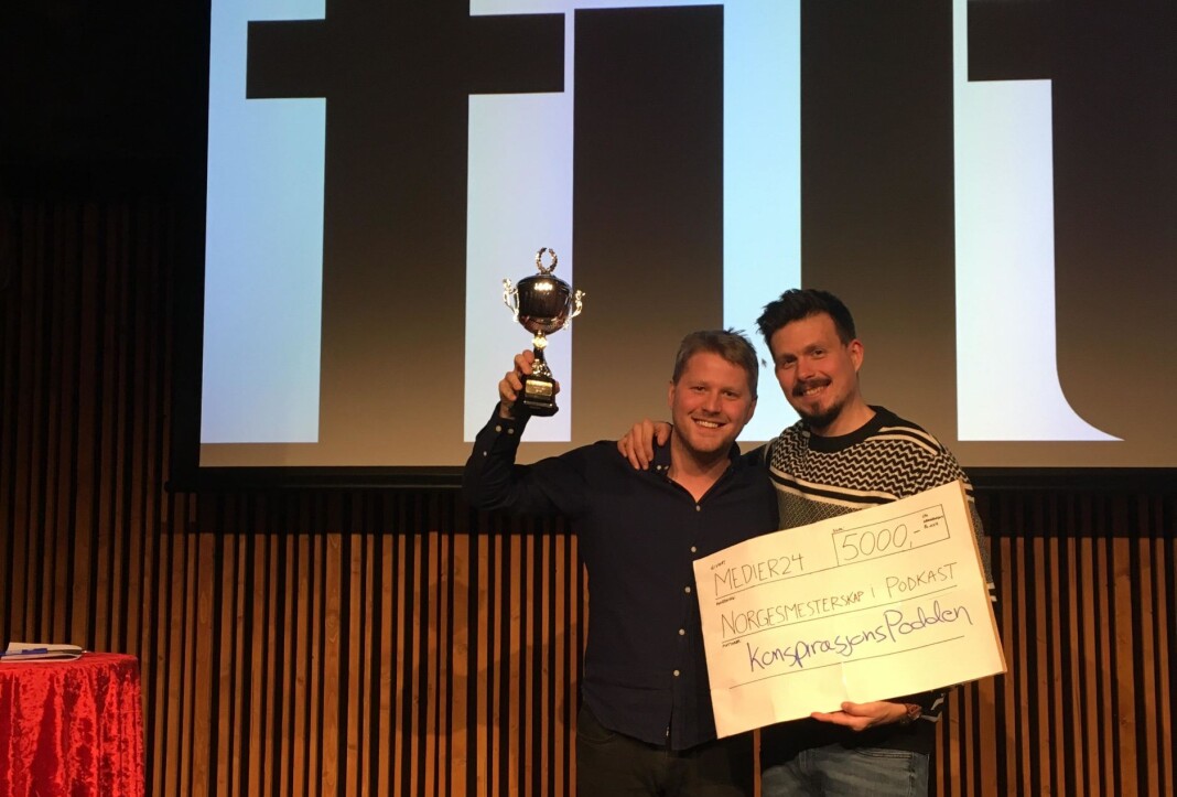 Fredrik Sjaastad Næss og Bjørn-Henning Ødegaard i Konspirasjonspodden vant NM i podkast 2018. Foto: Peter Daatland / Filt Fredrik Sjaastad Næss og Bjørn-Henning Ødegaard i Konspirasjonspodden vant NM i podkast 2018. Foto: Peter Daatland / Filt